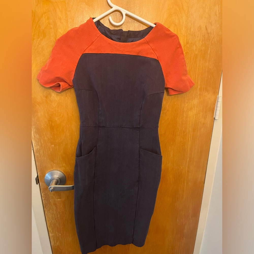 LM Style Bar Blue Dress Fitted Professional Dress with Pockets